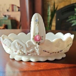 Westmoreland Paneled Grape Milk Glass Basket Handpainted Roses and Bows